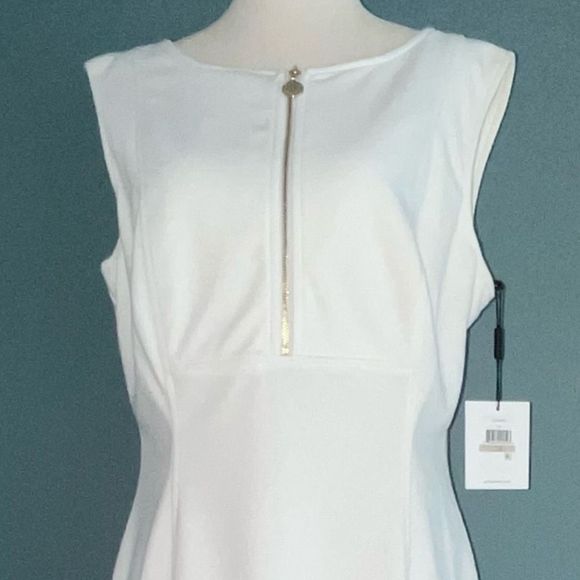 CALVIN KLEIN “IVY” SHEATH DRESS, LINED, WHITE, GOLD HALF ZIP IN FRONT | NEW | 12 - Picture 6 of 11